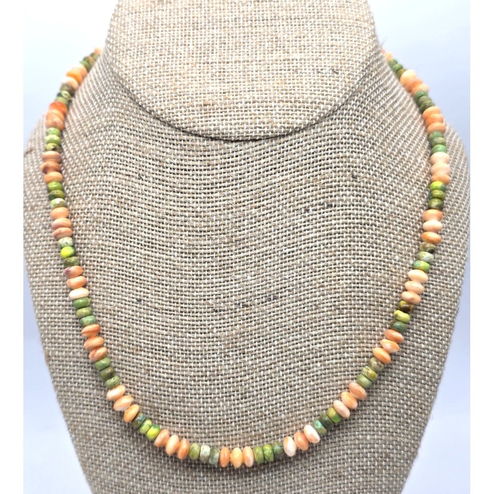 Orange Spiny Green Turquoise 18" Necklace Wired Rondelle Beads Handmade Sterling